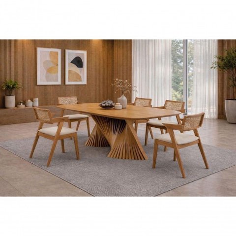 Conjunto de Jantar Opala 6 Lugares Tampo em MDF com Cadeiras Estofadas Mel 160cm Requinte Salas