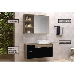 Conjunto Gabinete Banheiro C/ Espelheira - Cj Turin 80 Cm - Avelato / Preto - 2