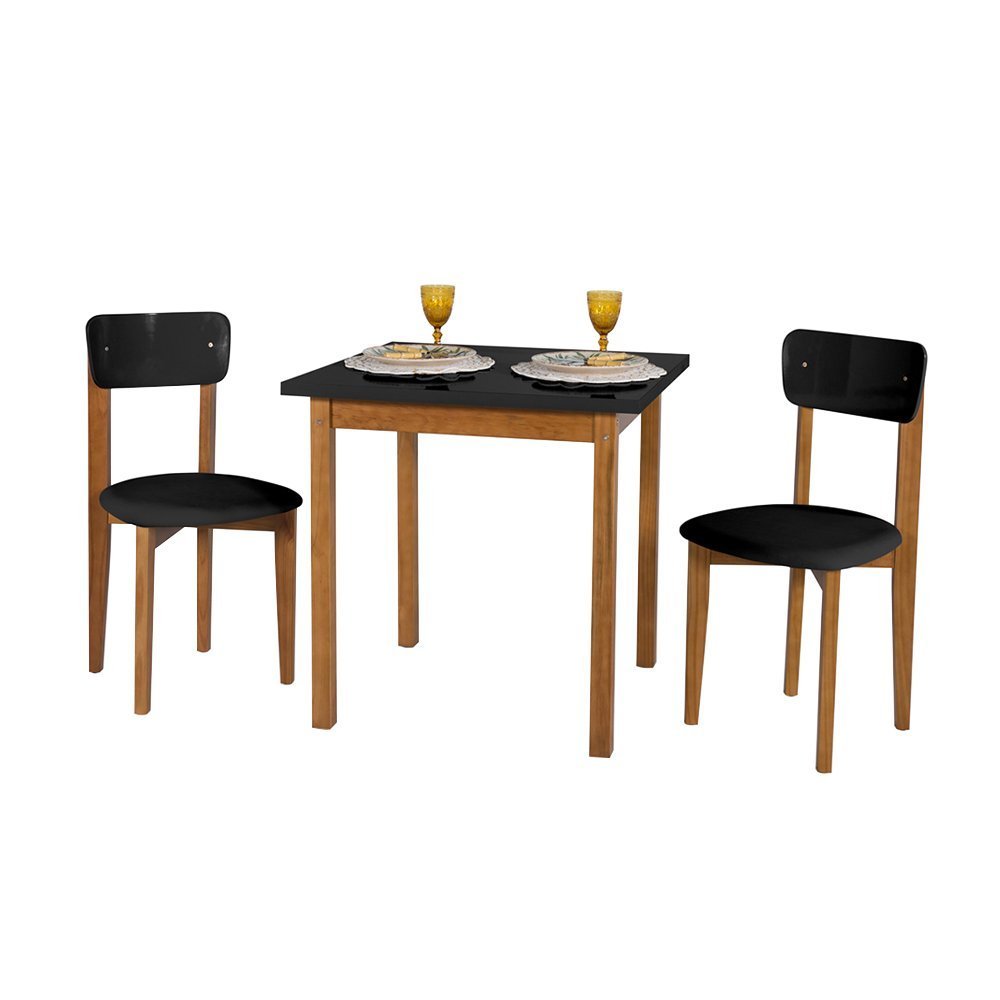 Mesa de Jantar Base Madeira Maciça com 2 Cadeiras Elisa Ideal para Apartamenteo 80x80 Preto - 2