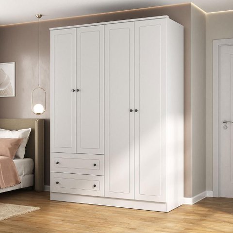Guarda Roupa Solteiro 160cm C/ 4 Portas e 2 Gavetas 100% Mdf Cor:branco