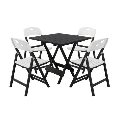 Conjunto Mesa Dobrável 70x70 6 Ripas com 4 Cadeiras Preta com Assento Polipropileno - Branco