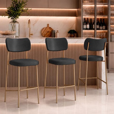 Kit 3 Banquetas Baixa Sala de Jantar Lisa Pés Champanhe PU Preto m² - Monari Design
