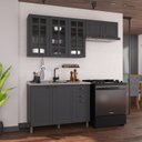Ver imagem 1 de Cozinha Modulada 3 Peças Balcão sem Tampo Armário Aéreo com Vidro 100% MDF Bari Chumbo