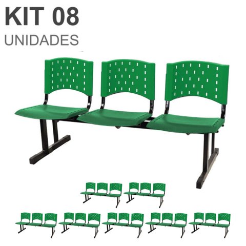 Kit 08 Cadeiras longarinas PLÁSTICAS 03 Lugares - Cor VERDE - REALPLAST - 23078