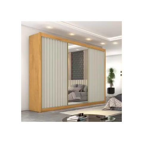 Guarda Roupa Ripado com 3 Portas de Correr e Espelho Central - Éden-peroba/off White - Móveis Europa