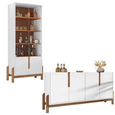 Aparador Buffet 170 com Cristaleira Lizz Pés Madeira Maciça Branco/cedro