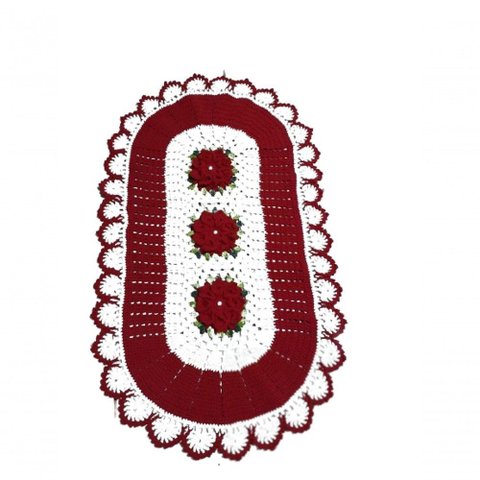 Tapete Crochê Oval Sala Quarto Flores Branco Vermelho 69x50
