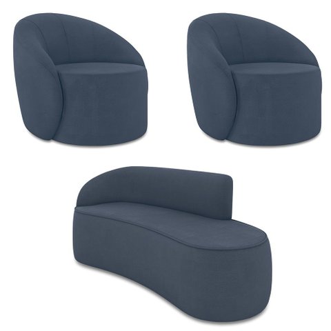 Sofá 2 Lugares Orgânico 140cm Morgan e 2 Poltronas Lua Suede Azul M D03 - D’Rossi