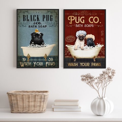 Kit 2 Quadros Banheiro Cão Pug 24x18cm - com Vidro:madeira Branca