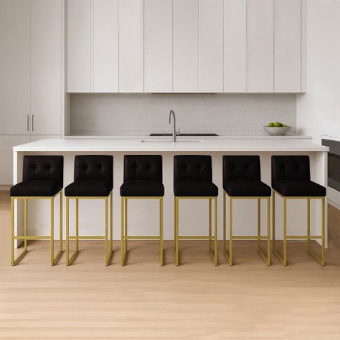 Banqueta Cozinha Alta com Encosto Industrial Kit 6 Dourado Lirina Pu Preto C05 - D'Rossi