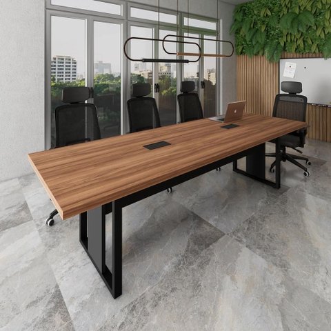 Mesa de Reunião 2,70m x 0,90m 2 Cx de Tomadas Pés Metal F5