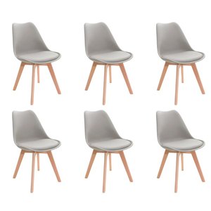 Kit 6 Cadeiras de Jantar Saarinen Leda Tulipa Base Wood Madeira Maciça com Estofado em Couro Cinza