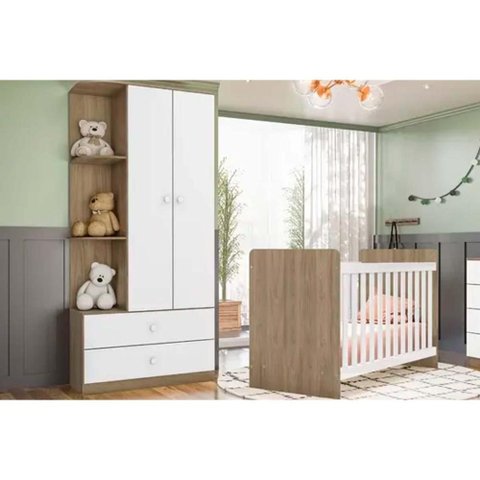 Quarto de Bebê Completo Labirinto 2 Peças (1 Guarda Roupa + 1 Berço) Qi97 Rústico/branco - Henn