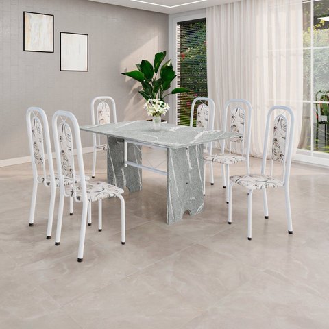 Conjunto Sala de Jantar com 6 Cadeiras Lara Branco/Arabesco