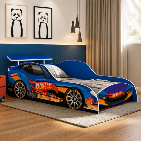Cama de Solteiro Infantil Carros Rida Azul Racing Car Menino com Colchão Quarto Criança MDF