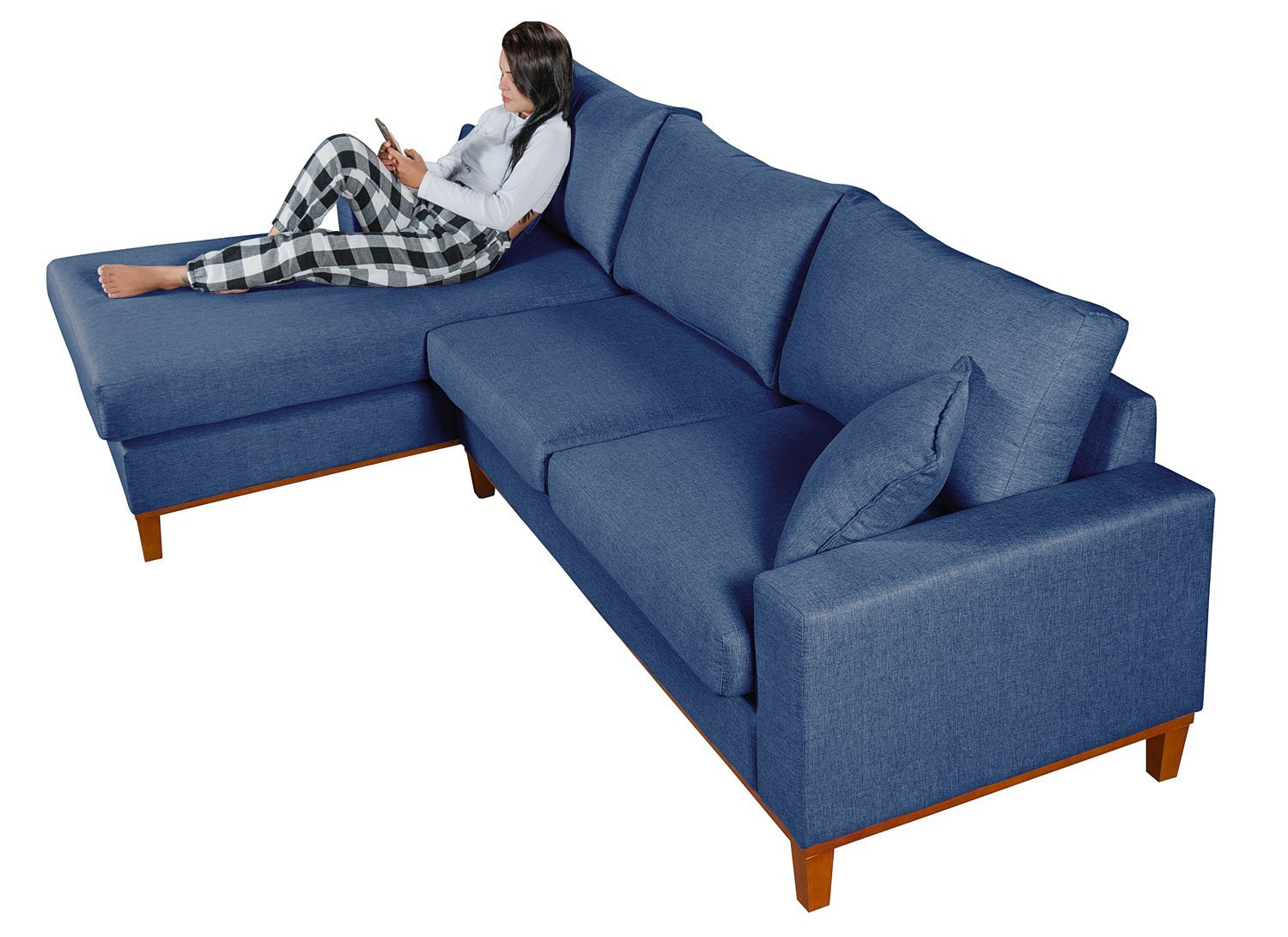 Sofa Living California 4 Lugares com Chaise Revestido Linho Base em Madeira:azul/direito - 3