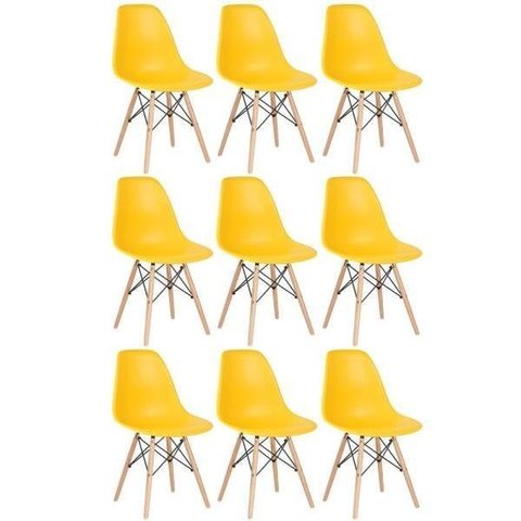 Kit 9 Cadeiras Charles Eames Eiffel Dsw - Base de Madeira Clara - Amarelo Multicolorido
