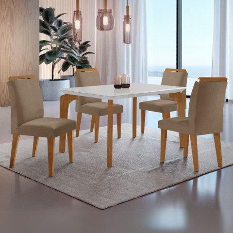 Sala de Jantar Mesa Liz 120cm em Mdf Canto Reto e 4 Cadeiras Athenas Moderna