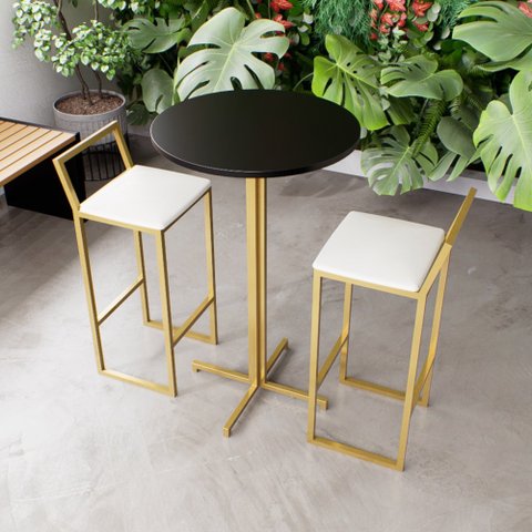 Jogo Mesa Alta Bistrô Redonda Preta 2 Banquetas Estofado Confort Industrial Dourado Don Castro Decor