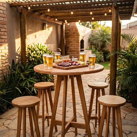 Conjunto Bistrô Mesa Alta Redonda 80cm e 4 Banquetas Madeira Maciça Área Externa – Arveni
