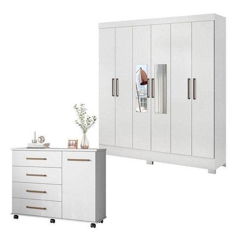 Cômoda Flora e Guarda Roupa Casal Prático Branco com Espelho - Demóbile