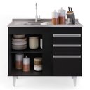 Ver imagem 3 de Balcão Gabinete Com Pia Inox 100cm 3 Portas 2 Gavetas Luziania Preto - Lumil Móveis