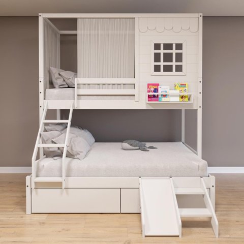Beliche Casinha Reta Casal/ Solteiro com 02 Gavetas Escorregador e Cortina Madeira Maciça Branco