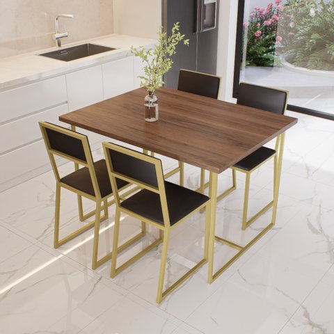 Conjunto Mesa de Jantar Retangular Imbuia 4 Cadeiras Estofado Riviera Industrial Dourado Don Castro 