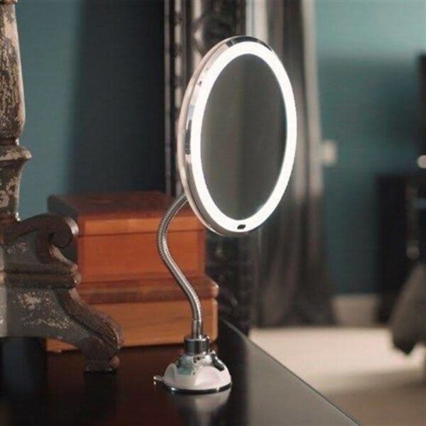 Espelho giratorio aumento 10x de maquiagem e barba com led para banheiro e mesa com ventosa - 4