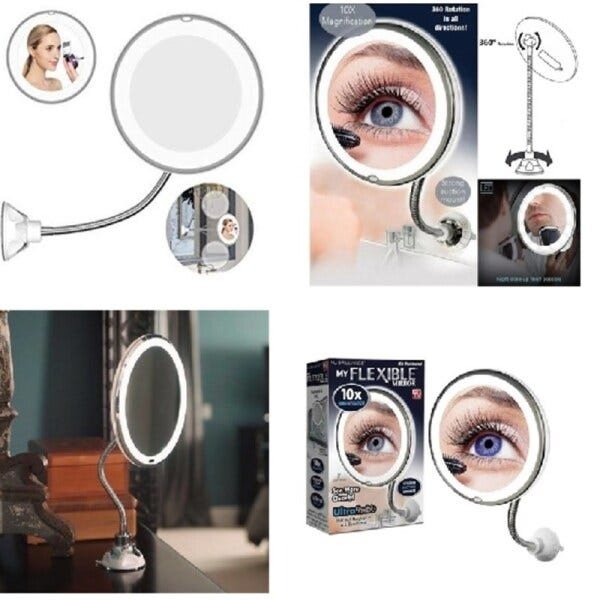Espelho giratorio aumento 10x de maquiagem e barba com led para banheiro e mesa com ventosa - 1