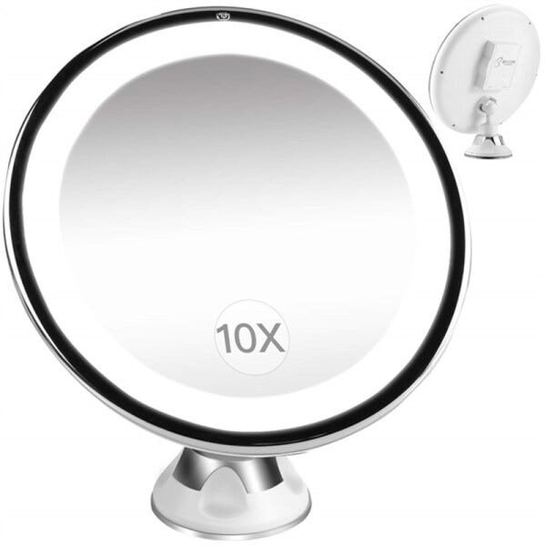 Espelho Giratorio Led Barba Maquiagem com Ventosa Aumento 10x Banheiro e Mesa Iluminação Profissiona - 1