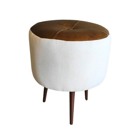 Puff para Sala em Couro e Linho Pés de Madeira Pura Estofados Rezende