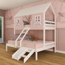 Ver imagem 1 de Beliche Casal/ Solteiro Casinha Encantada com Kit Escada/ Escorregador Madeira Maciça Rosa/ Branco