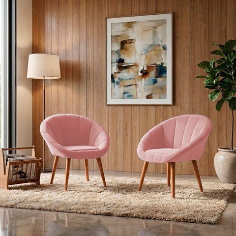 Kit 2 Poltrona Sala Decorativa Sofia Veludo Rosa Pés Palito Castanho - Arkell
