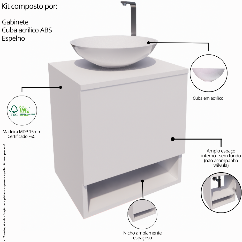 Gabinete para Banheiro 40cm com Cuba e Espelho Completo Lavabo Armário Suspenso - 4