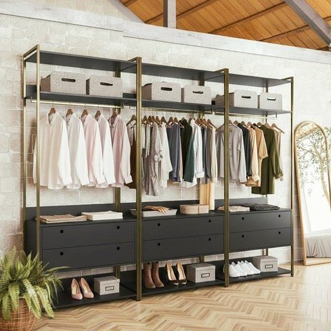 Guarda-Roupa Closet Modulado Casal Estrutura Metálica 6 Gavetas 3 Cabideiros 200cm Industrial Preto/