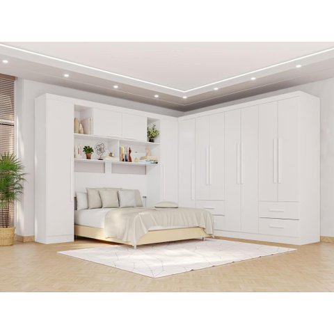 Guarda-Roupa Casal Modulado de Canto com 11 Portas Espaço para Cama Multimóveis Branco