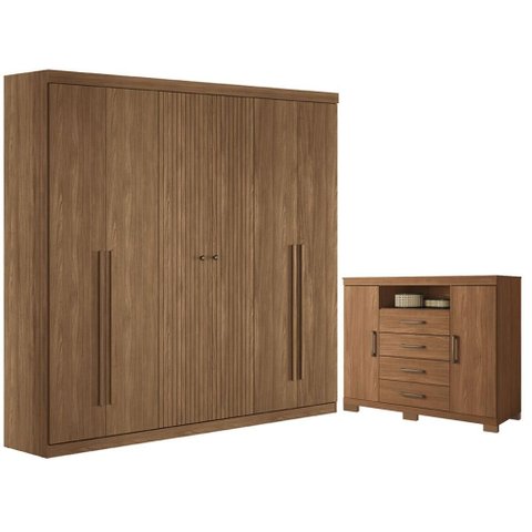 Guarda Roupa Casal Ripado 6 Portas Buriti e Cômoda Havana Master com Pés Jatobá Acetinado - Santos a