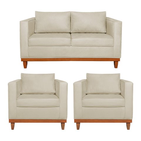 Kit Sofá 3 Lugares e 2 Poltronas Europa 180 cm Estilo Conforto e Elegância Suede Bege - ADJ Decor