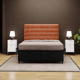 Cabeceira com Base Box Baú Casal Queen 158x198cm Hit ID5 Corano Preto/Couríssimo Camel - Mpozenato - 2 Cabeceira com Base Box Baú Casal Queen 158x198cm Hit ID5 Corano Preto/Couríssimo Camel - Mpozenato - 2