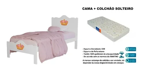 Cama Solteiro Nina Branca 100% Mdf c/ Colchão Solteiro -Basoto