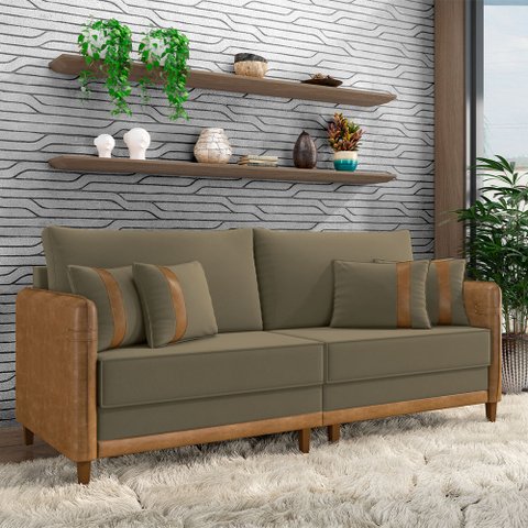 Sofá Montecarlo 3 Lugares 232cm Veludo/pu Castor/caramelo
