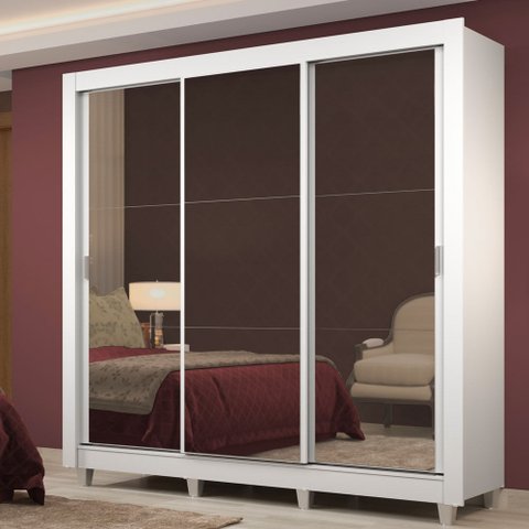 Guarda-Roupa Casal Madesa Lyon Plus 3 Portas de Correr de Espelho 4 Gavetas com Pés Branco Cor:Branc