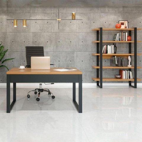 Mesa para Escritório com Estante Industrial 100% MDF 135cm Freijó com Preto Fosco
