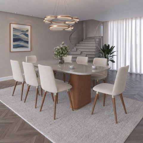 Conjunto de Jantar Mesa Lintz Vidro 8 Cadeiras Dakota - Linho Off White - Linked 02