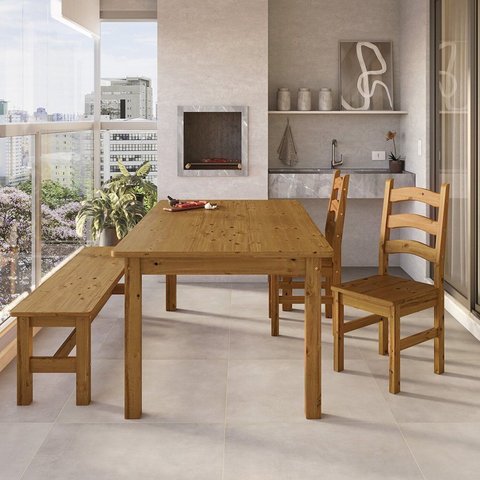 Conjunto Mesa 180cm 2 Cadeiras e 1 Banco Área Gourmet Madeira Maciça Ventimiglia Yescasa Marrom/Nogueira
