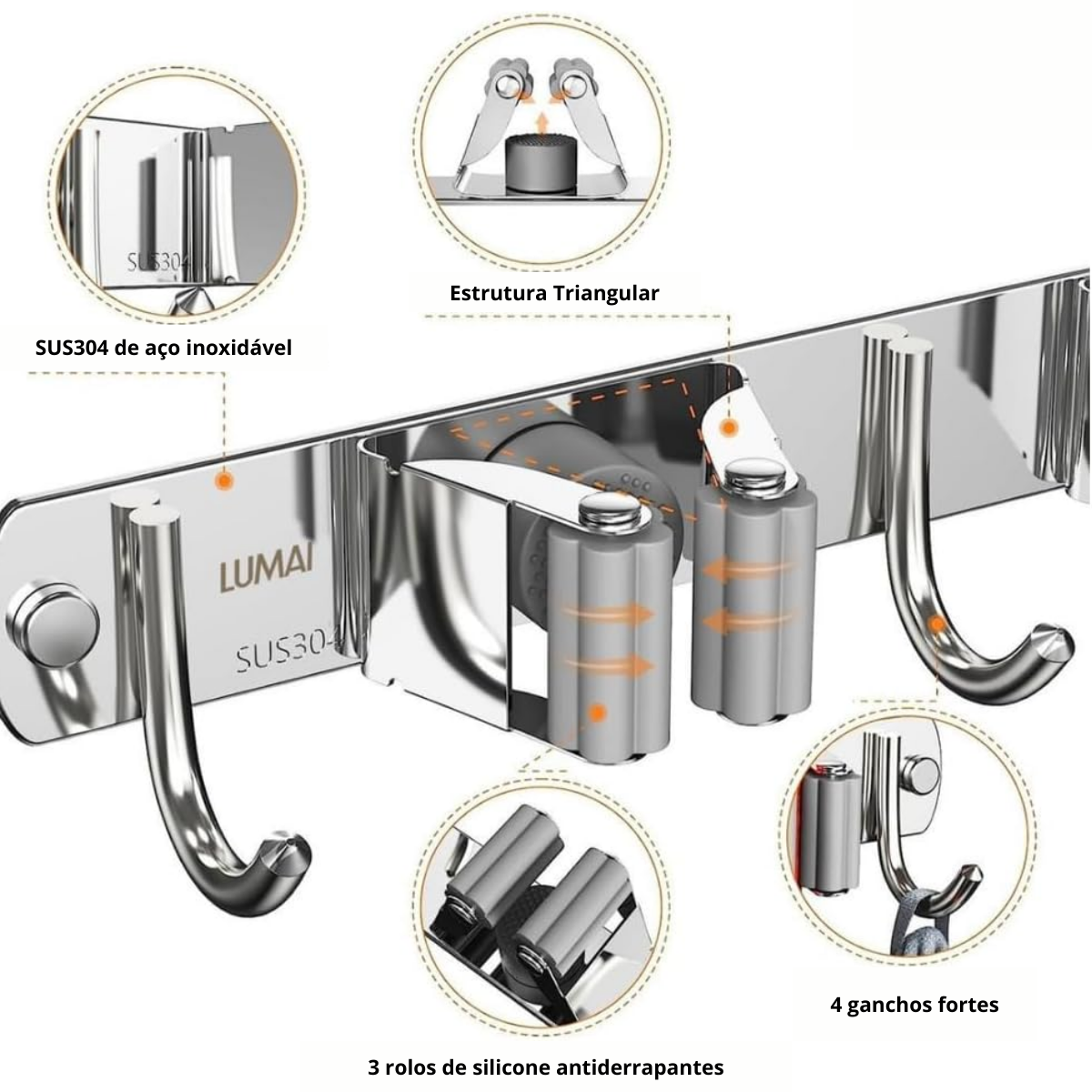 Suporte Inox Multiuso de Parede Gancho para Vassoura Rodo Pá:38cm - 4