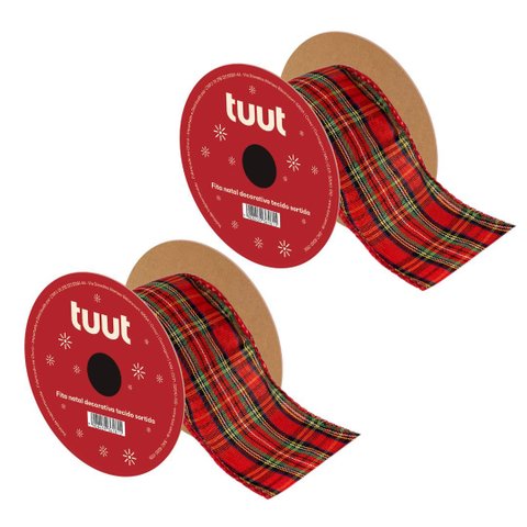 Kit 2 Fitas Aramadas Decorativa Natalina Xadrez Tecido 6cm x 9,14m para Laços Árvores de Natal