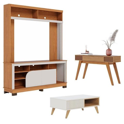 Estante Home Theater Belaya Freijó Off White Matte com Mesa de Centro Jeri Off White Freijó e Aparad