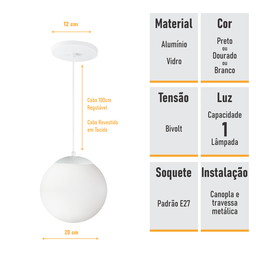 Pendente Globo Esfera de Vidro Branco Fosco 20cm - Branco - 5